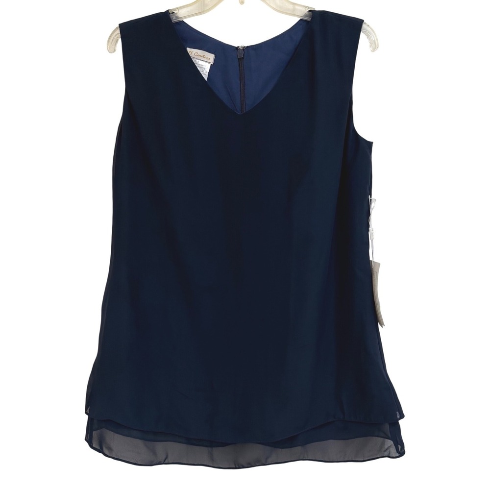 TS Couture Chic Navy Blue Sleeveless V-Neck Layered Chiffon Blouse  NWT Size M